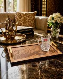 Elegant Wooden Serving Tray With Golden Handle for Arabic Coffee Dates Ramadan Hospitality Islamic Home and Hotel Decoration Use - Product Image 3