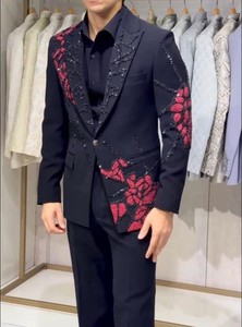 Black Designer Men’s Suit with Red Embroidery – Slim Fit Wedding Party Blazer Set for Groom & Evening Wear - Product Image 3