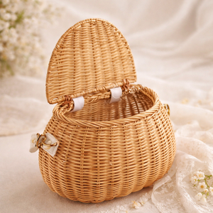 Cesta de Almacenamiento de Bambú y Ratán para Picnic y Camping, con Tapa de Madera y Asa, Ecológica, Multifuncional, Estilo Rústico Vintage, Forma Ovalada, Decoración para el Hogar - Product Image 1