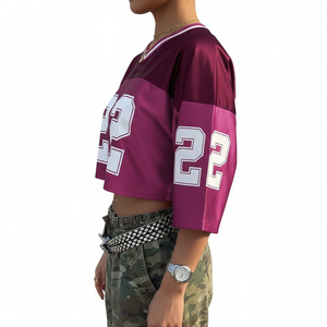 Haut court léger et respirant pour femme grande taille, style maillot de football américain 3/4, uniforme de rugby, en maille, col en V, épaules tombantes - Product Image 2