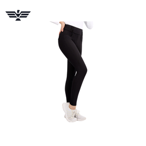 Pantalons d'équitation pour femmes à taille haute en tricot noir, longueur intégrale, respirants, en spandex et nylon, avec poches - Product Image 1