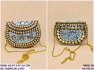 Handmade Mosaic Iron <b>Clutch</b> Pearl <b>Gold</b> Embellishments Satin Lining Shoulder Strap Multi-Function Designer Ethnic Evening Party - Product Image 6