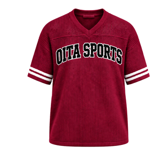 Burgundy Customized Knitted <b>V</b> <b>Neck</b> Jersey Short Sleeve Striped Sports <b>Shirt</b> Breathable <b>Oversized</b> Casual Athletic Teamwear Top - Product Image 1