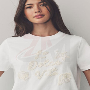 Camiseta Blanca de Cuello Redondo para Mujer, Manga Corta, Bordado con Letras, Informal, 100% Algodón, Primavera Verano - Product Image 4