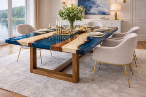 Table à manger de luxe en résine époxy, style rivière, avec bord naturel, en bois bleu océan, faite à la main, mobilier de salle à manger - Product Image 3