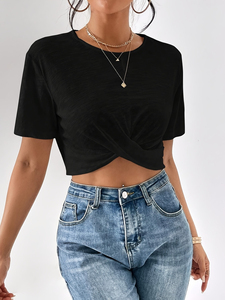 Camiseta Corta Elegante para Mujer al por Mayor, Top Casual de Manga Corta para Verano, Moda Urbana de Algodón Suave, Ajuste Delgado - Product Image 3