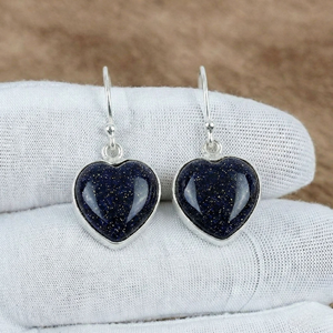 Pendientes Colgantes de Piedra Arenisca Azul Hechos a Mano, Plata de Ley 925, Corte Corazón, Estilo Boho para Mujer - Product Image 2