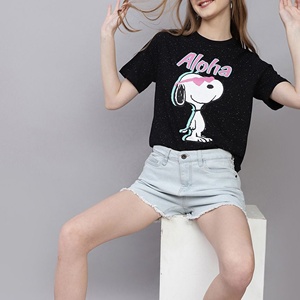 Print Black Cotton High Quality T-Shirt Crew Neck Short Sleeve Casual Women's <b>Top</b> Character Design Front Logo - Product Image 4