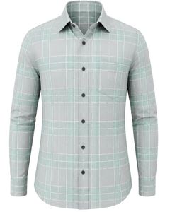 Camisa de Franela de Algodón a Cuadros Verde Menta y Gris para Hombre, Manga Larga, con Botones, Estilo Casual y Formal, para Oficina, Personalizable - Product Image 1