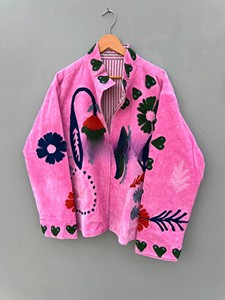 Vibrant Pink Handcrafted Velvet <b>Jacket</b> with Artisanal Floral and Paisley Embroidery Elegant <b>Mandarin</b> <b>Collar</b> <b>Jacket</b> - Product Image 1