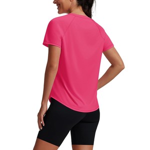 Camiseta Deportiva de Manga Corta con Cuello Redondo y Color Rosa Sólido para Mujer, de Secado Rápido, Tejido de Punto, Ajuste Deportivo, para Primavera/Verano, Gimnasio, ODM OEM - Product Image 2