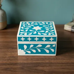 Square Blue White Floral Jewelry Box Oriental Carved Cardboard Storage Case Decorative Home Decor Bedroom Use - Product Image 3