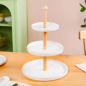 3 Tier White Ceramic <b>Cake</b> <b>Stand</b> With Wooden Pillar Round Porcelain Dessert Display Tray <b>Tiered</b> Serving Platter for Tea Party - Product Image 2