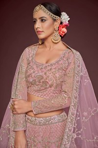 Conjunto de Lehenga Choli de Lujo en Color Rosa Cebolla con Lentejuelas y Bordado Zari, Manga Larga, Traje de Boda Indio-Pakistaní, Ghagra de 3 Piezas, Talla S - Product Image 5