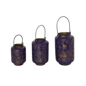 Set of 3 Off-White and Pink Metal <b>Candle</b> Lanterns Perforated Filigree Floral Pattern Cylindrical Body <b>Arch</b> Wire Handle Tabletop - Product Image 3