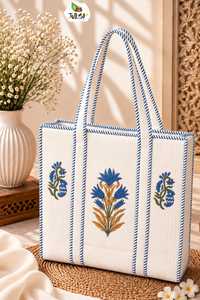 Sac fourre-tout Stockify de qualité supérieure en toile de coton brodée de fleurs, réutilisable, pour femmes, disponible à la vente - Product Image 6