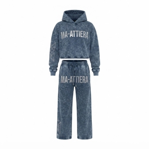 Custom <b>Women</b> Acid Wash Blue Gray Cropped Hoodie <b>Jogger</b> Set Cotton <b>Fleece</b> Streetwear Tracksuit OEM Wholesale - Product Image 3