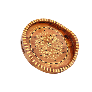 Plateau de service marocain en bois de manguier fait main, décoré d'un motif floral sculpté à la main, avec poignées, pour les en-cas, le café et le thé - Product Image 6