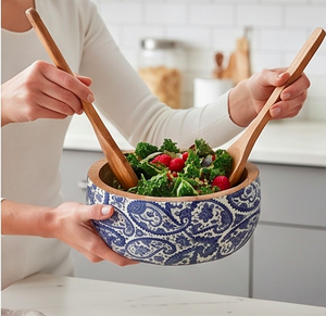 Bol de service en bois fait main, motif bleu paisley, bol à salade vintage, parfait pour la maison et les repas. - Product Image 4