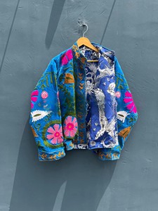 Blue Velvet Suzani Hand Embroidered Jacket for Women Vintage Boho Chic <b>Quilted</b> Winter Coat Embroidery Bomber Jacket - Product Image 2