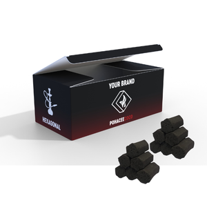 100% Indoensia พรีเมี่ยมมอระกู่ Shisha ถ่านมะพร้าวอัดก้อนหกเหลี่ยมรูปร่างที่กําหนดเองขายส่ง OEM ฉลากส่วนตัว - Product Image 1