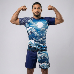Ensemble Rash Guard à Manches Courtes pour Homme avec Imprimé Vague par Sublimation, Séchage Rapide, 100% Spandex Polyester, Short MMA et Rash Guard - Product Image 5