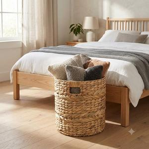 Panier à linge rond en jacinthe d'eau naturelle tressé à la main, style rustique, avec poignées découpées, multifonctionnel, écologique - Product Image 6