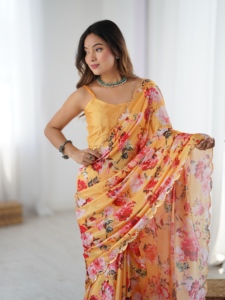 India Pakistan Style Regular Length Regular Fit <b>Orange</b> Chinon <b>Saree</b> with Mirror Work Women Traditional Party Wedding Wear - Product Image 5