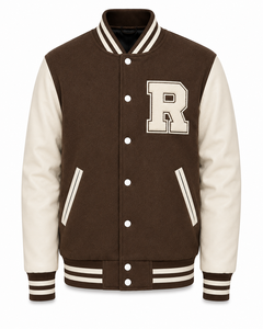 Chaqueta Universitaria Unisex Marrón y Blanca con Letra R, Cierre de Botones, Corte Regular, Bolsillo Frontal Bordado, Ropa de Invierno, 100% Lana - Product Image 2