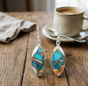 Blue Orange Oyster Copper Turquoise Large <b>Earrings</b> 925 Silver Rose <b>Gold</b> & Yellow <b>Gold</b> Plated Handmade Statement Boho Jewelry Her - Product Image 3
