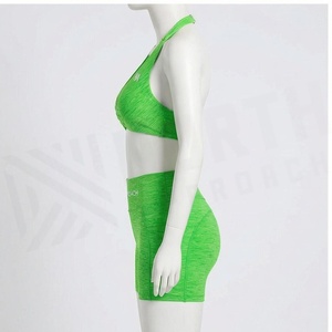 North Approach 2 Piece Yoga Set <b>Green</b> Solid High Waist Shorts <b>Halter</b> <b>Top</b> Breathable Seamless Sportswear - Product Image 3