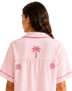 Ensemble de pyjama pour femme rose clair personnalisé, manches courtes, boutonné, imprimé floral, doux, respirant, vêtements de nuit d'été, ensemble de détente - Product Image 5