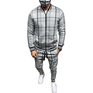 New Fashion Men's Check Print Sublimated Bomber <b>Jacket</b> Tracksuit Zip Enclosure Ribbed Hem & Cuffs Stripe Zipper Sweat Suit - Product Image 1