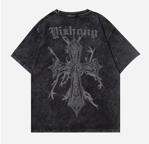 T-shirt Homme Oversize Imprimé Croisé Style Denim Noir Manches Courtes Col Rond Coton Lavé Coupe Ajustée - Product Image 1