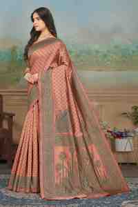 Sari tradicional de seda estampado en verde y melocotón con borde bordado para mujer, ropa de boda, India, Pakistán - Product Image 5