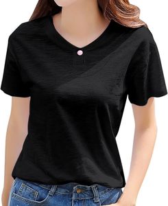 T-shirt ample à manches courtes pour femme, col en V, en coton tricoté, couleur unie, teinture unie, haut décontracté d'été - Product Image 1