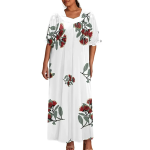 Robe longue personnalisée à manches bouffantes pour femme, motif fleurs hawaïennes Ohia Lehua Pohutukawa, idéale pour l'été, vente en gros, robes décontractées sur mesure - Product Image 4