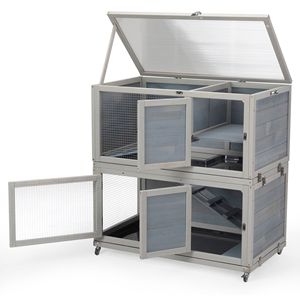 กรงกระต่ายไม้2ชั้นถาดแบบดึงกรงกระต่ายในร่ม/กลางแจ้งทนต่อสภาพอากาศกรงกระต่ายล้อเล้าไก่สำหรับบ้านสัตว์เลี้ยงกระต่ายกินี - Product Image 3