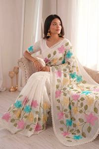 Sari en coton blanc brodé de fleurs avec bordure en dentelle, tenue traditionnelle indienne pour femmes, style décontracté, toutes saisons - Product Image 5