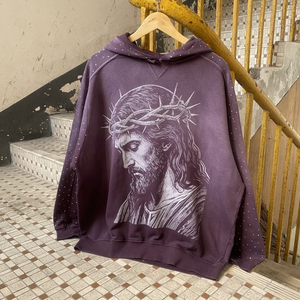 Sudadera con capucha de invierno para fabricantes, estilo hip hop, con lavado ácido, pedrería y efecto desgastado, con logotipo personalizado, de streetwear, lisa, transpirable y teñida. - Product Image 1
