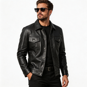 Veste en cuir véritable pour homme, col rabattu, fermeture à boutons, coupe ajustée, style motard, vêtement d'automne, manches classiques - Product Image 4