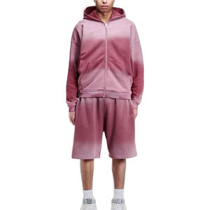 Conjunto de Sudadera con Capucha y Pantalones Cortos para Hombre, Color Sólido, Efecto Desgastado, con Cierre, Estilo Urbano, Transpirable, Hombros Caídos - Product Image 1