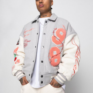 Chaqueta Varsity para Hombre, Gris y Blanca, con Letras Bordadas, Cuello Camisero, Estilo Urbano, Corte Regular, Estilo Casual de Invierno, Resistente al Viento - Product Image 1