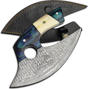 Forged Damascus Steel Alaskan Ulu Pizza Cutter <b>Knife</b> Bone and Wood Handle Leather <b>Sheath</b> Handmade OEM Professional Ambidextrous - Product Image 1