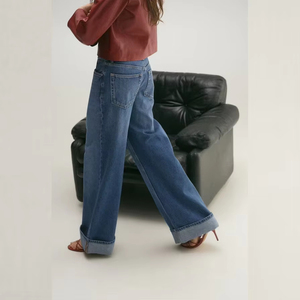 High Waisted Wide Leg Denim Jeans for Women Stonewashed Cotton Casual Pants with Cuffed Hem Loose Fit Full Length Autumn Style - Product Image 3