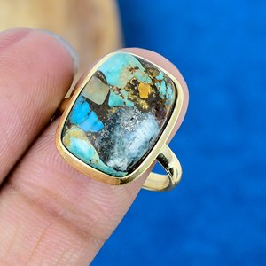 Geometric Turquoise Cocktail <b>Ring</b> Gold Plated Brass Bezel <b>Set</b> Natural Stone Unisex Bohemia Style Daily Wear - Product Image 1