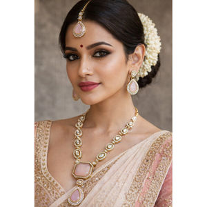 Traditional Gold Plated Kundan <b>Necklace</b> <b>Set</b> with Zircon Stone Pendant Matching Earrings & Maang Tikka <b>Bridal</b> Wedding Jewelry - Product Image 2