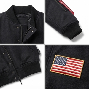 Chaqueta Bomber de Terciopelo para Hombre OEM, 300GSM, Negro Deslavado, Estilo Vintage, Acolchada, Ropa de Calle de Invierno, Parche de Bandera Americana - Product Image 4