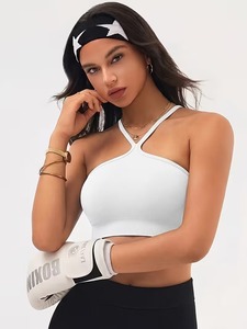 Women Cross Halter Neck Sports <b>Bra</b> High Neck Ribbed Seamless Workout Bralette Removable Padded <b>Open</b> Back Fitness Crop Top - Product Image 2