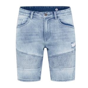 Shorts Moto Décontractés pour Hommes en Denim Délavé Bleu Clair Respirant à Taille Haute avec Braguette Boutonnée, Panneaux Côtelés et Design Effet Usé et Déchiré - Product Image 1